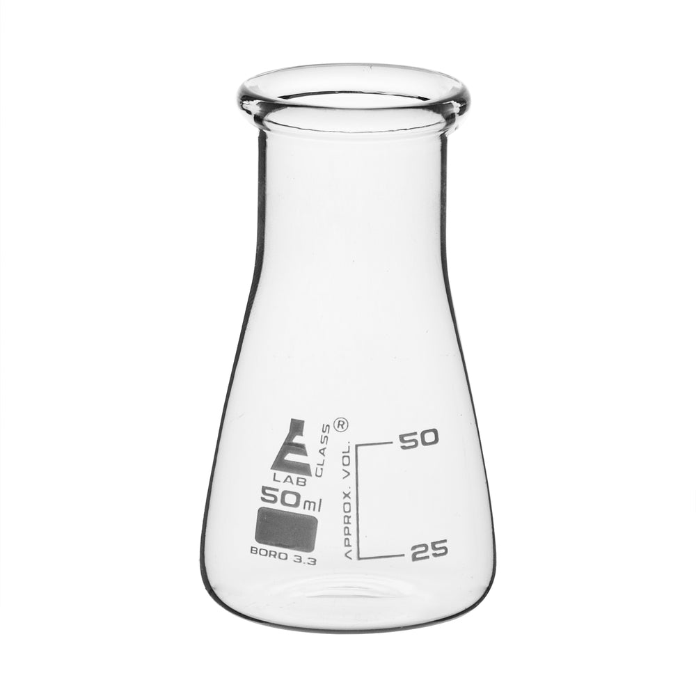 Erlenmeyer Flask, 50ml - Borosilicate Glass - Wide Neck, Conical Shape - White Graduations - Eisco Labs