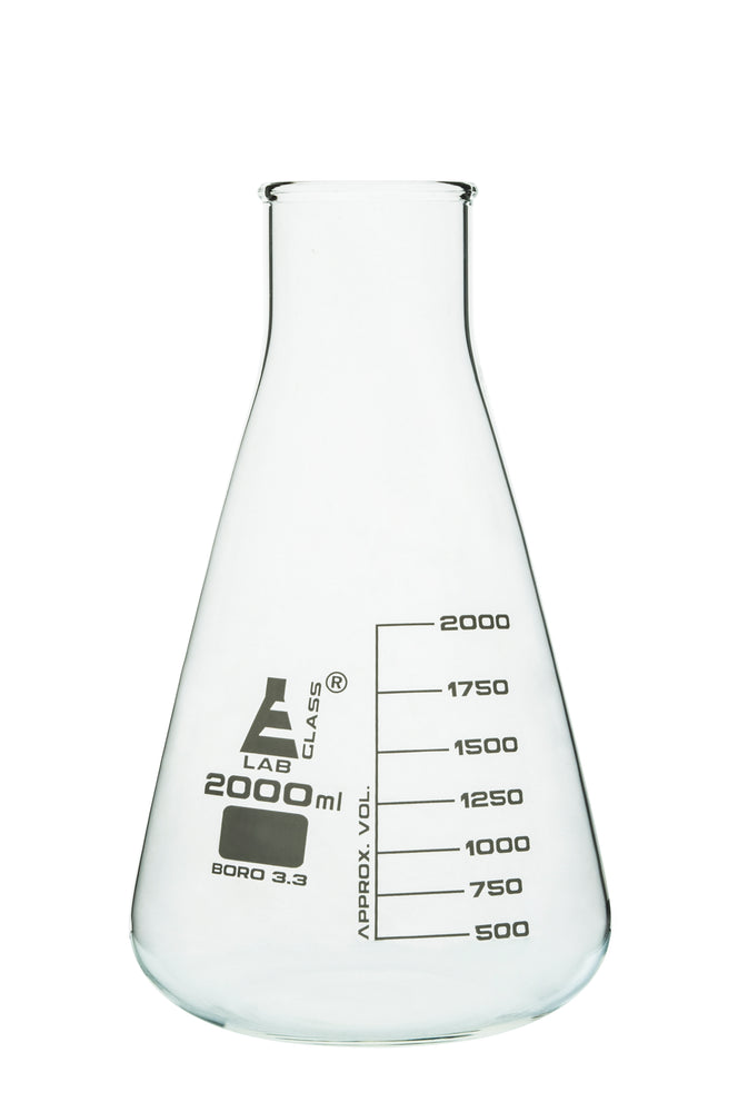 Erlenmeyer Flask, 2000ml - Borosilicate Glass - Wide Neck, Conical Shape - White Graduations - Eisco Labs