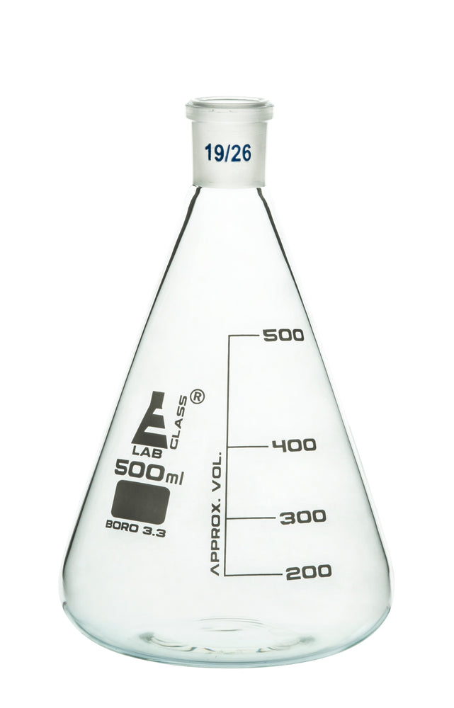 Erlenmeyer Flask, 500ml - 19/26 Joint, Interchangeable - Borosilicate Glass - Conical Shape, Narrow Neck - Eisco Labs