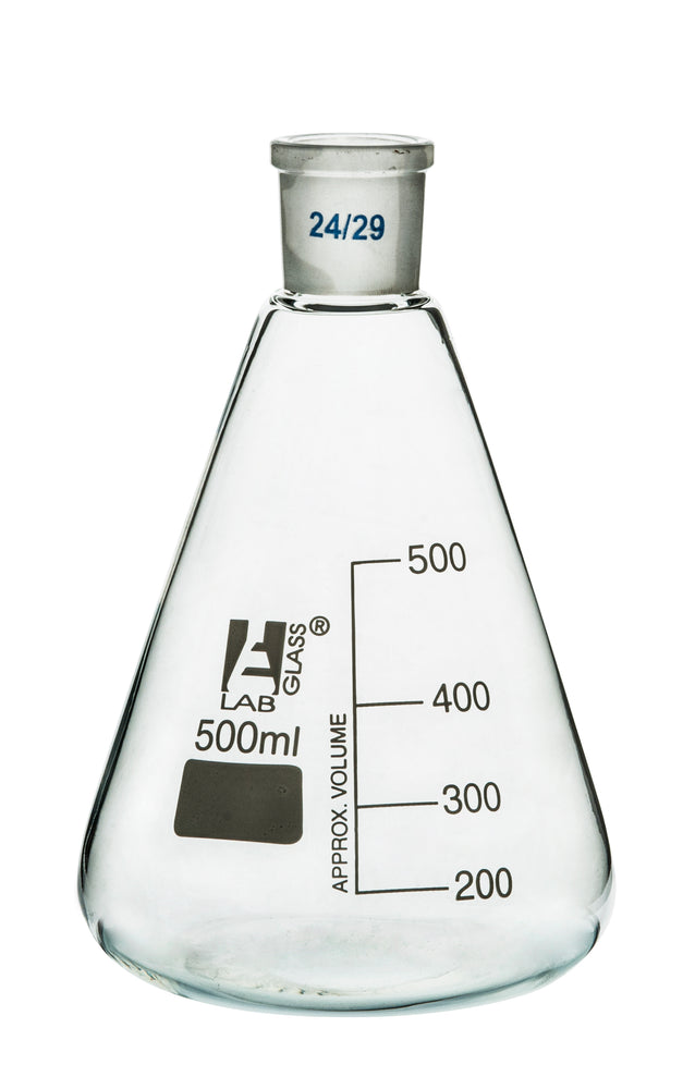 Erlenmeyer Flask, 500ml - 24/29 Joint, Interchangeable - Borosilicate Glass - Conical Shape, Narrow Neck - Eisco Labs
