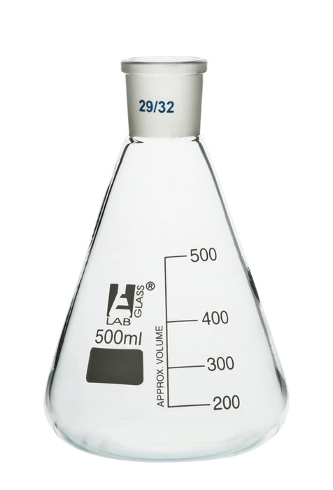 Erlenmeyer Flask, 500ml - 29/32 Joint, Interchangeable - Borosilicate Glass - Conical Shape, Narrow Neck - Eisco Labs