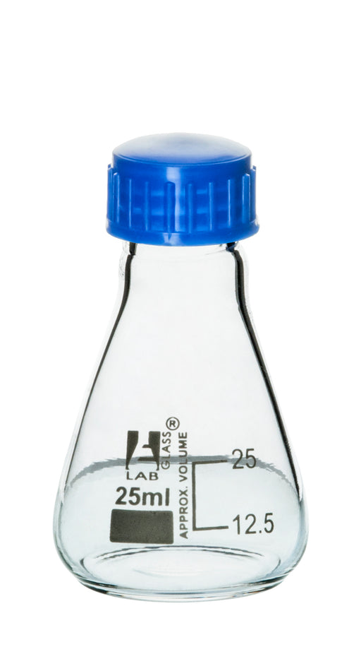 Erlenmeyer Flask, 25ml - Borosilicate Glass - With PTFE Screw Cap - Conical Shape - White Graduations - Eisco Labs