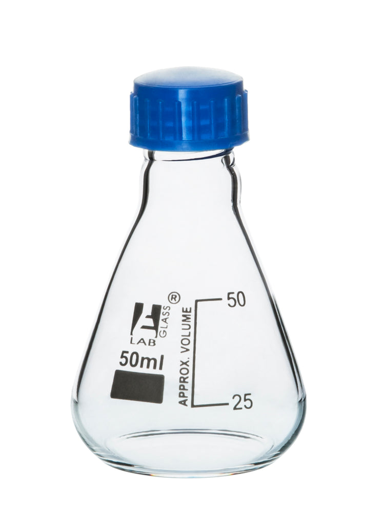 Erlenmeyer Flask, 50ml - Borosilicate Glass - With PTFE Screw Cap - Conical Shape - White Graduations - Eisco Labs