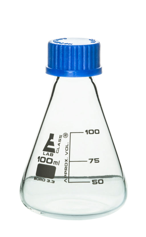 Erlenmeyer Flask, 100ml - Borosilicate Glass - With PTFE Screw Cap - Conical Shape - White Graduations - Eisco Labs