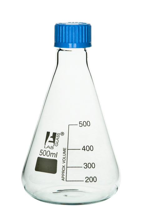 Erlenmeyer Flask, 500ml - Borosilicate Glass - With PTFE Screw Cap - Conical Shape - White Graduations - Eisco Labs