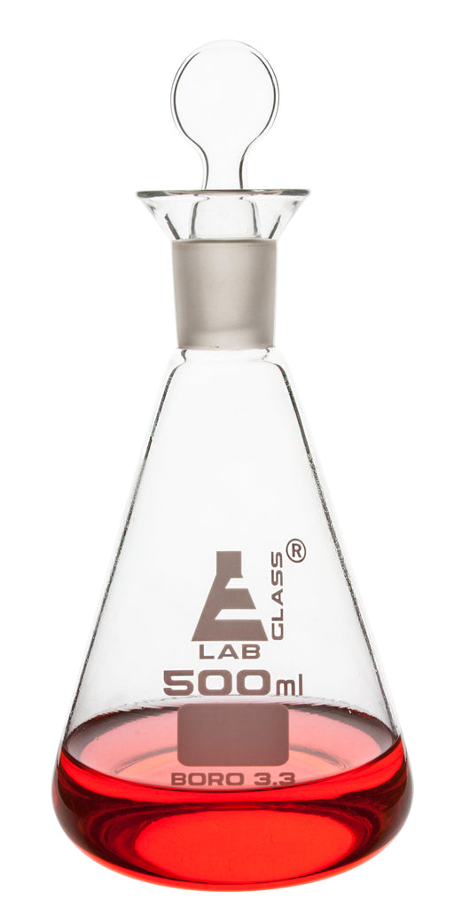 Iodine Flask & Stopper, 1000ml - 29/32 Socket Size, Interchangeable Stopper - Conical Shape - Borosilicate Glass - Eisco Labs