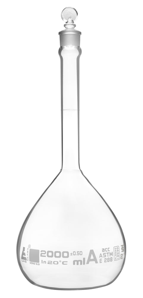 Volumetric Flask, 2000ml - Class A, ASTM - Tolerance ±0.500 ml - Glass Stopper -  Single, White Graduation - Eisco Labs