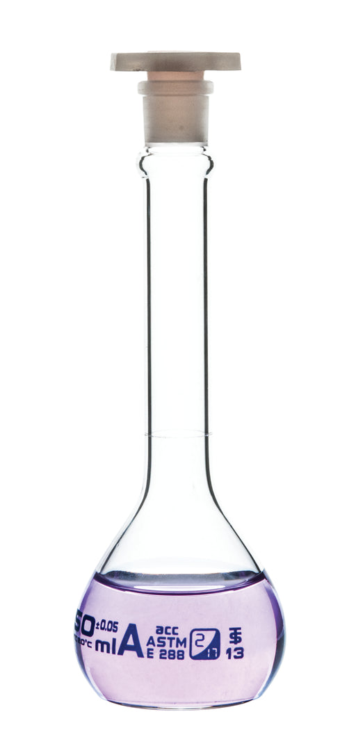 Volumetric Flask, 100ml - Class A - Polypropylene Stopper, Borosilicate Glass - Blue Graduation, Tolerance ±0.080 - Eisco Labs