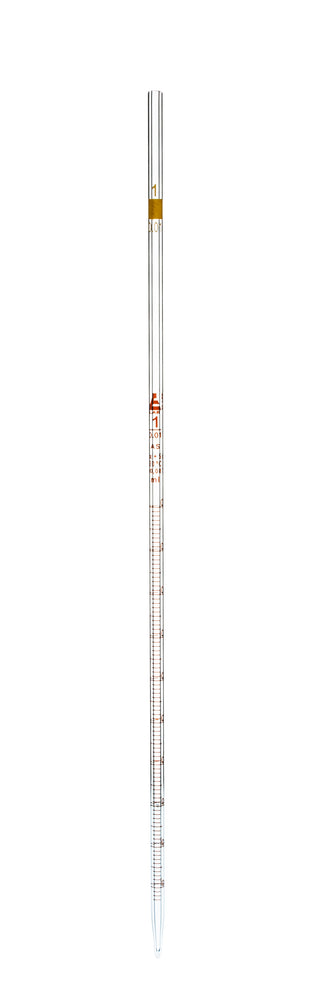Pipette, 1ml - Class AS, Tolerance ±0.007 - Amber Graduation - Color Code, Yellow - Soda Glass - Eisco Labs