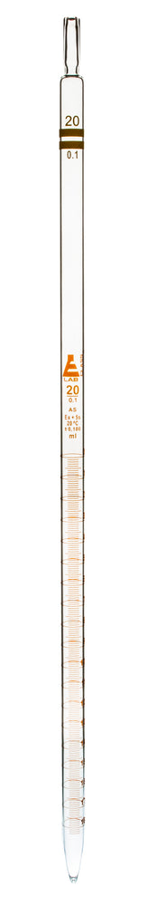 Pipette, 20ml - Class AS, Tolerance ±0.100 - Amber Graduation - Color Code, Yellow - Soda Glass - Eisco Labs