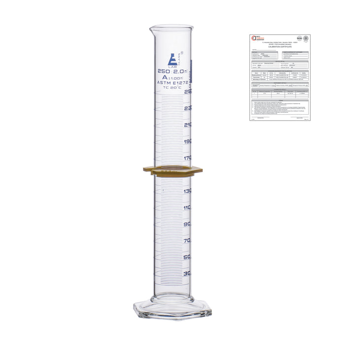Measuring Cylinder, 250ml - ASTM, Class A - Tolerance ±1.00ml - Protective Collar, Hexagonal Base - Blue Graduations - With Individual Work Certificate - Borosilicate 3.3 Glass