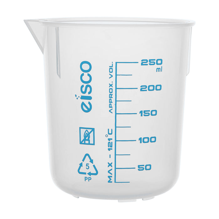 Premium 250mL Beaker - Polypropylene Plastic, Blue Screen Printed, 25mL Graduations - Eisco Labs (Discontinued)