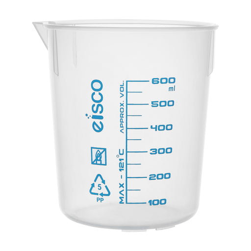 Premium 600mL Beaker - Polypropylene Plastic, Blue Screen Printed, 50mL Graduations, Eisco Labs