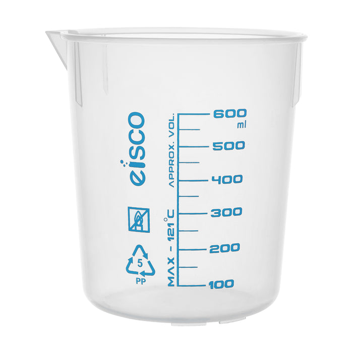Premium 600mL Beaker - Polypropylene Plastic, Blue Screen Printed, 50mL Graduations, Eisco Labs (Discontinued)