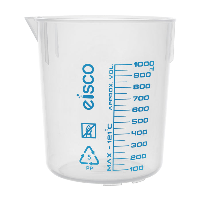 Premium 1000mL Beaker - Polypropylene Plastic, Blue Screen Printed, 50mL Graduations - Eisco Labs (Discontinued)