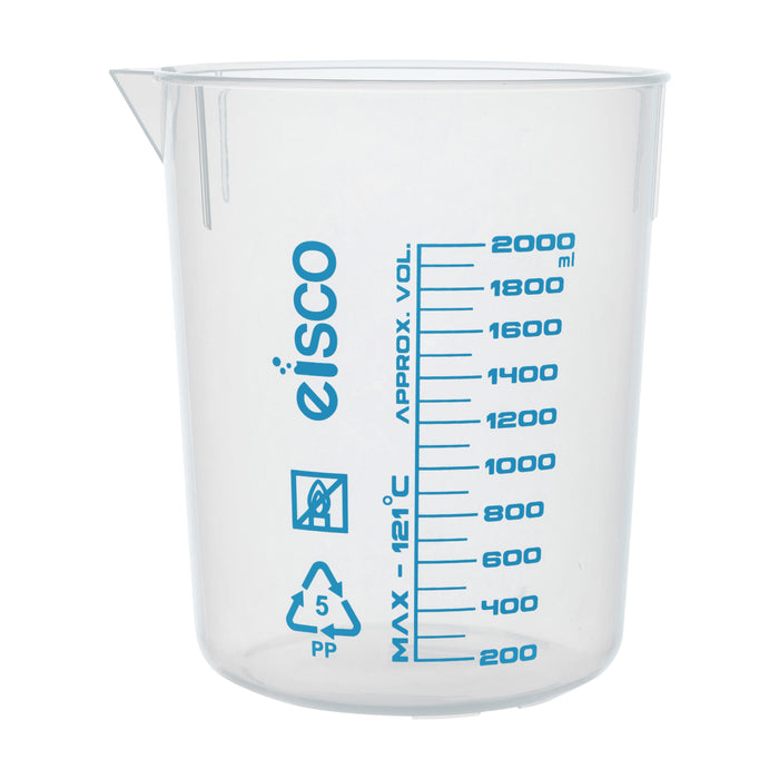 Premium 2000mL Beaker - Polypropylene Plastic, Blue Screen Printed, 100mL Graduations, Eisco Labs (Discontinued)