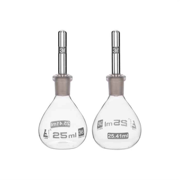 Pycnometer, Calibrated, 25mL - Specific Gravity Bottle with Flat Bottom & Perforated Stopper - Borosilicate 3.3 Glass - Eisco Labs