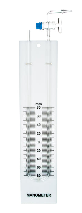 Glass Manometer, U-Tube - Built in Stopcock, Mounted on Back Plate with Printed Scale, 80-0-80 Scale with 2mm Subdivisions - Eisco Labs