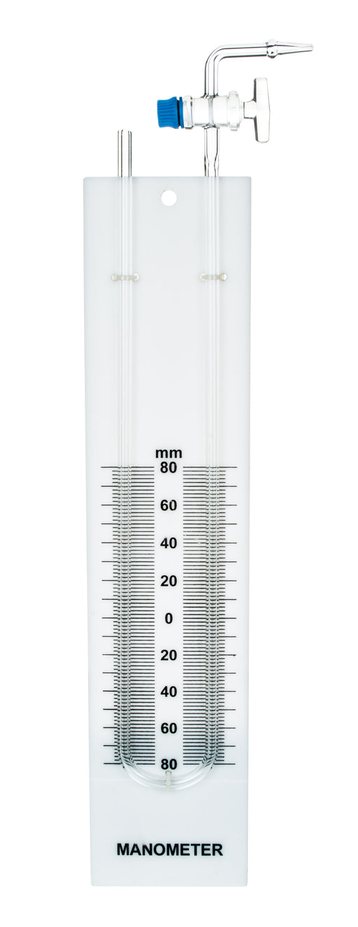 Glass Manometer, U-Tube - Built in Stopcock, Mounted on Back Plate with Printed Scale, 80-0-80 Scale with 2mm Subdivisions - Eisco Labs