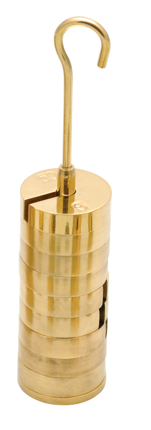 Slotted Set of Masses and Hanger - Brass, Set of 9 weights, one hanger each of 20 g, Total 200g