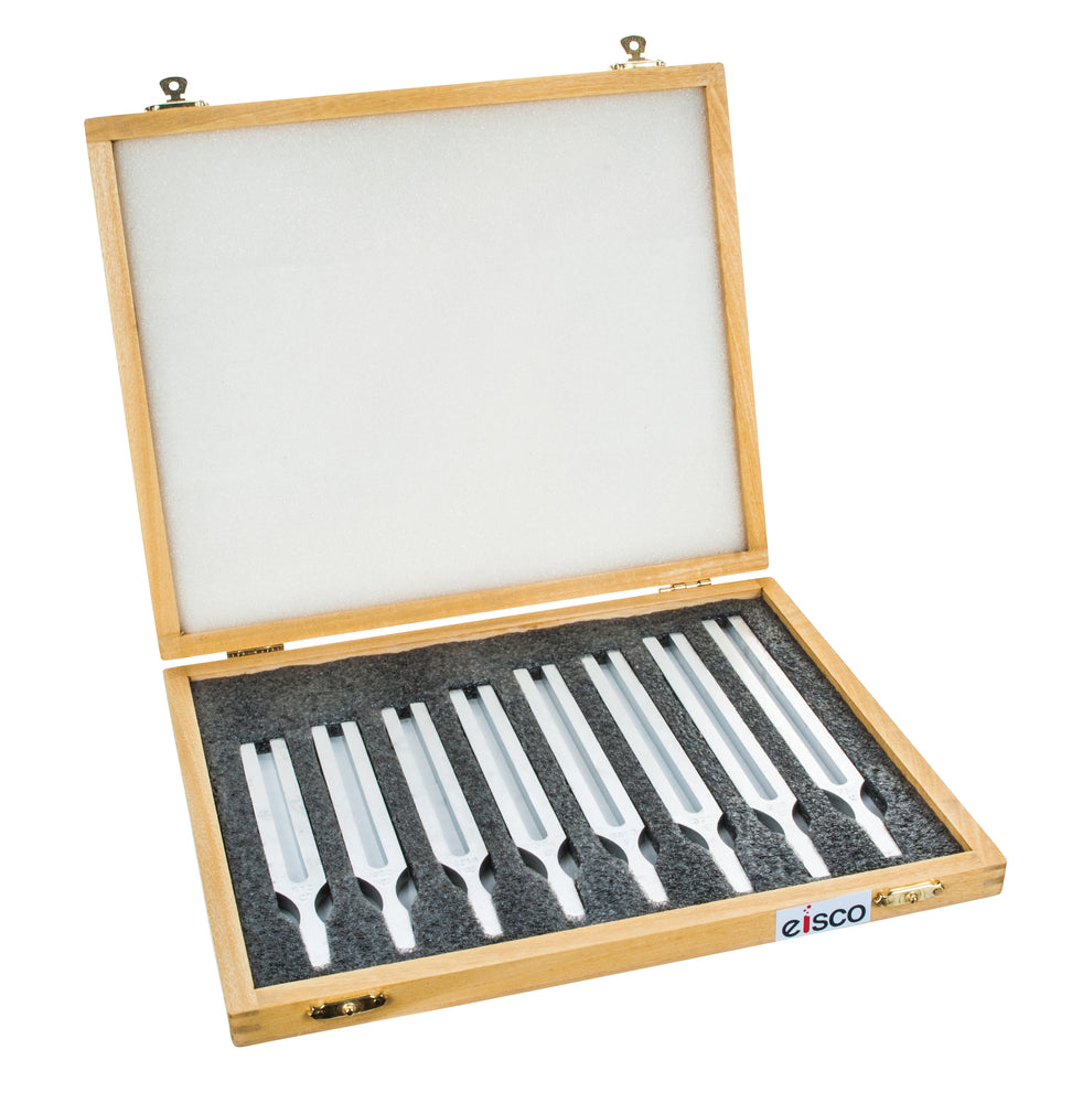 Eisco Labs Aluminum Scientific Tuning Forks, Set of 8 (Scientific Pitch, C4 = 256Hz) with Wooden Case - Designed for Physics Experiments