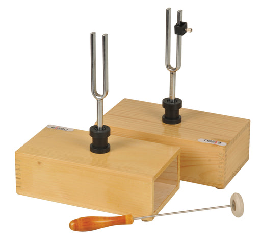 Pair of Steel Tuning Forks (440Hz) in Wood Bases, One Adjustable