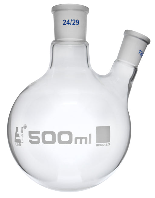 Distilling Flask, 500ml - 24/29 Oblique Neck with 19/26 Joint - Borosilicate Glass - Round Bottom - Eisco Labs