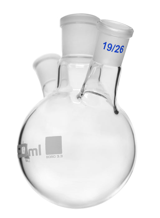 Distilling Flask, 250ml - 3 Angled Necks, 24/29 Center, 19/26 Side Sockets - Interchangeable Ground Joints - Round Bottom - Borosilicate Glass - Eisco Labs