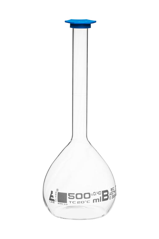 Volumetric Flask, 500ml - Class B, ASTM - Snap Cap - White Graduation Mark, Tolerance ±0.400ml - Eisco Labs