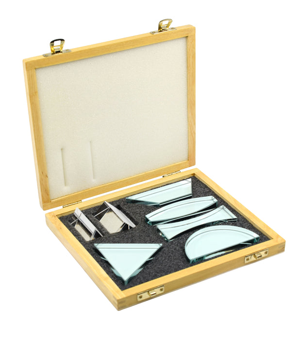 Glass Prisms & Lens Set, 7 Pcs - 13mm Thick - Wooden Storage Box