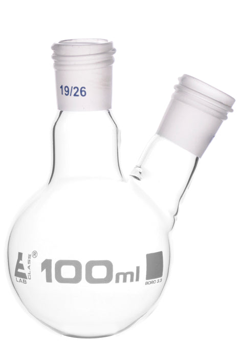 Distillation Flask with 2 Necks, 100ml Capacity, 19/26 Joint Size, Interchangeable Screw Thread Joints, Borosilicate Glass - Eisco Labs