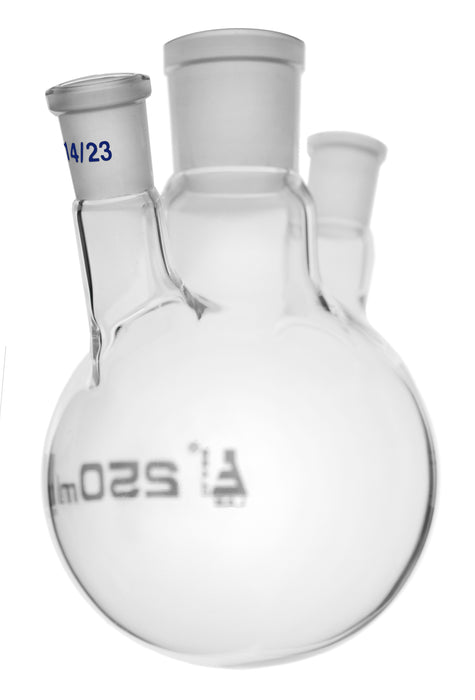 Distilling Flask, 250ml - 3 Angled Necks, 24/29 Center, 14/23 Side Sockets - Interchangeable Ground Joints - Round Bottom - Borosilicate Glass - Eisco Labs