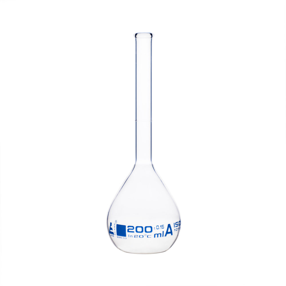 Volumetric Flask, 200ml - Class A - Borosilicate Glass - Blue Graduation, Tolerance ±0.150 - No Stopper, Beaded Rim - Eisco Labs