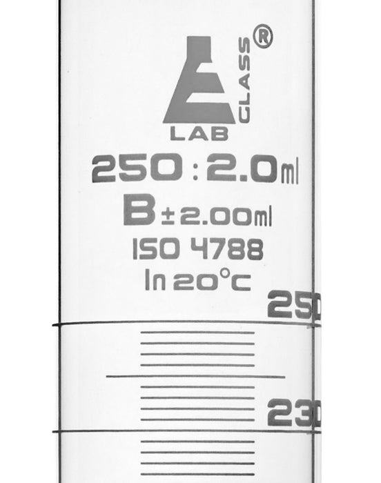Graduated Cylinder, 250ml - Class B - White Graduations, Hexagonal Base