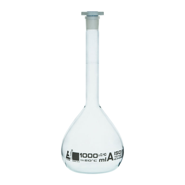 Volumetric Flask, 1000ml - Class A - 24/29 Polyethylene Stopper, Borosilicate Glass - White Graduation, Tolerance ±0.400 - Eisco Labs