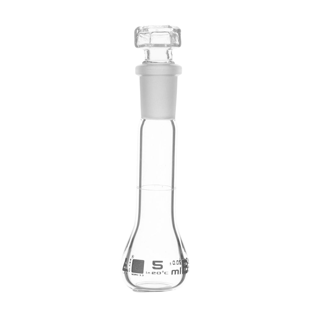 Volumetric Flask, 5ml - Class B - Hexagonal, Hollow Glass Stopper - Single, White Graduation - Eisco Labs