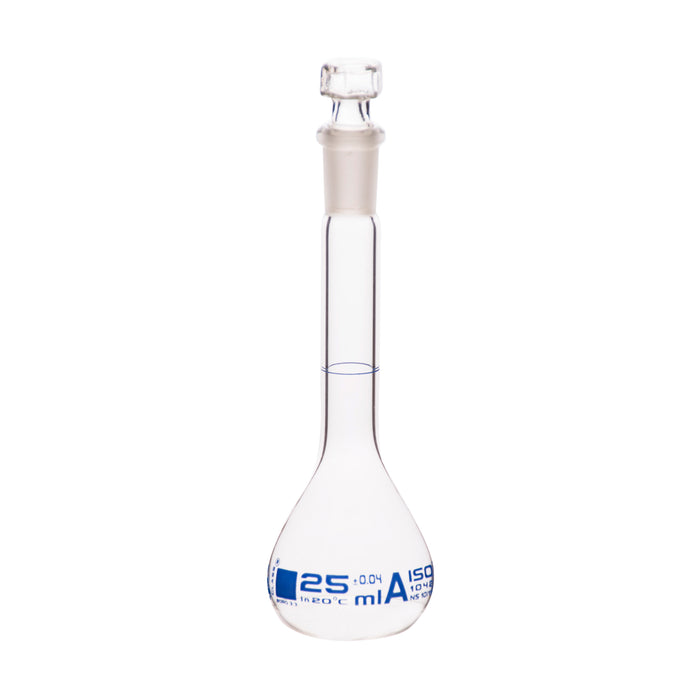 Volumetric Flask, 25ml - Class A - Hexagonal, Hollow Glass Stopper - Single, Blue Graduation - Eisco Labs