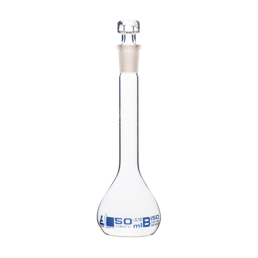 Volumetric Flask, 50ml - Class B - Hexagonal, Hollow Glass Stopper - Single, Blue Graduation - Eisco Labs
