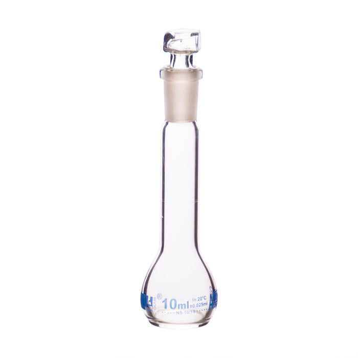 Volumetric Flask, 10ml - Class A - Hexagonal, Hollow Glass Stopper - Single, Blue Graduation - Eisco Labs