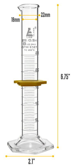 Measuring Cylinder, 25ml - ASTM, Class B Tolerance ±0.34ml - Protective Collar, Hexagonal Base - White Graduations - Borosilicate 3.3 Glass - Eisco Labs