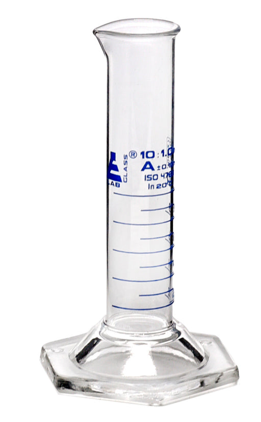 Measuring Cylinder, 10ml - Class A, Tolerance: ±1.00ml - Squat Form, Blue Graduations - Borosilicate Glass