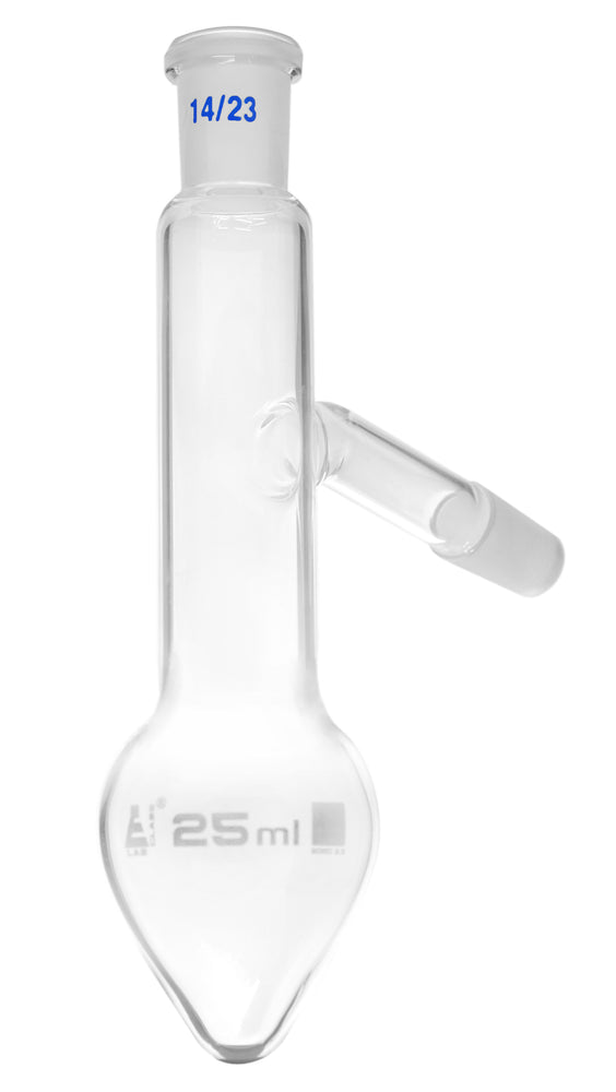 Distilling Flask, 25ml - 14/23 Joint & Side Socket - Borosilicate Glass, Pear Shape - Short Neck - Eisco Labs