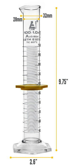 Graduated Cylinder, 100mL - ASTM Class A - Protective Collar, Hexagonal Base - White Graduations - Borosilicate Glass