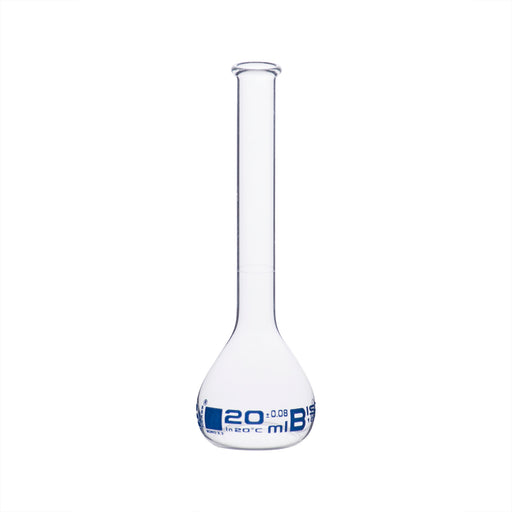 Volumetric Flask, 20ml - Class B - Borosilicate Glass - Blue Graduation, Tolerance ±0.080 - No Stopper, Beaded Rim - Eisco Labs