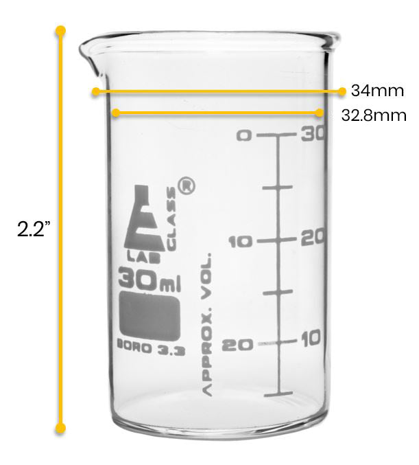 12PK Beakers, 30ml - ASTM - Low Form, Dual Scale Graduations - Borosilicate Glass
