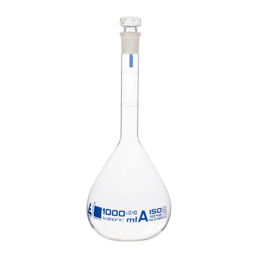 Volumetric Flask, 1000ml - Class A - Hexagonal, Hollow Glass Stopper - Single, Blue Graduation - Eisco Labs