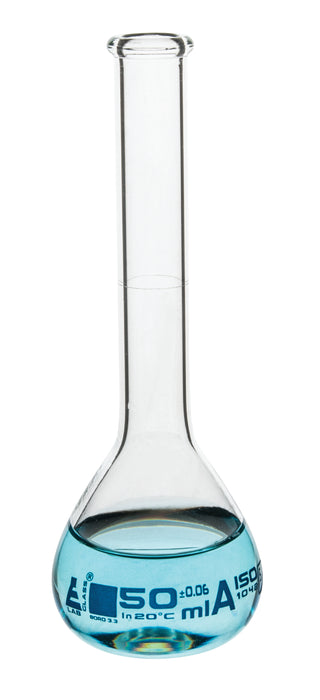 Volumetric Flask, 50ml - Class A Tolerance ±0.06 - No Stopper, Beaded Rim - Blue Graduations - Borosilicate Glass - Eisco Labs