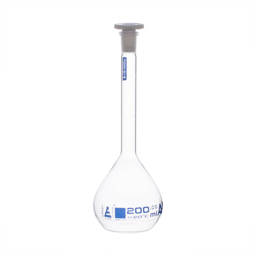 Volumetric Flask, 200ml - Class A, ASTM - Polypropylene Stopper - Blue Graduation - Borosilicate Glass