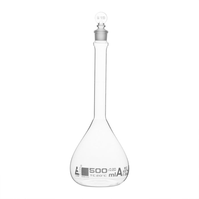 Volumetric Flask, 500ml - Class A, ASTM - Tolerance ±0.200 ml - Glass Stopper -  Single, White Graduation - Eisco Labs