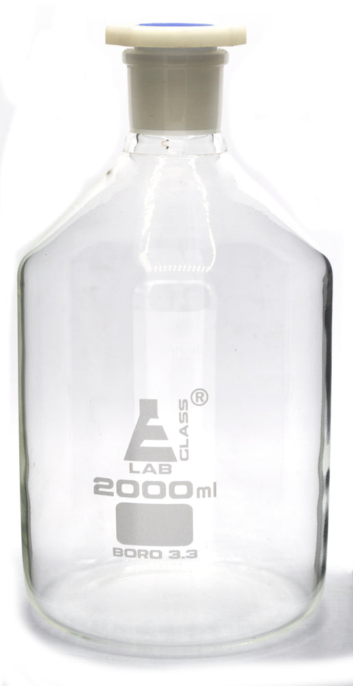2000mL (67.6oz) Glass Reagent Bottle with Acid Proof Polypropylene Stopper, Borosilicate 3.3 Glass - Eisco Labs